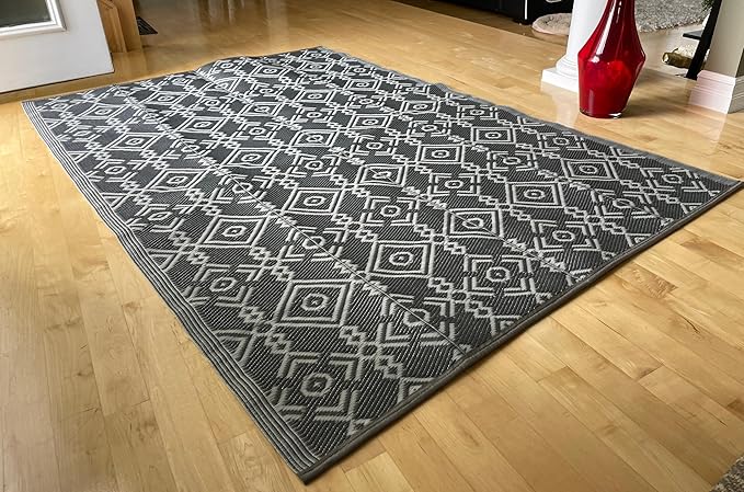 BalajeesUSA Outdoor Rugs 6'x9' Grey Patio decore Reversible Waterproof Portable Camper Awning mats for Outside Your RV Porch Backyard Deck Tent Balcony Picnic Beach 7049