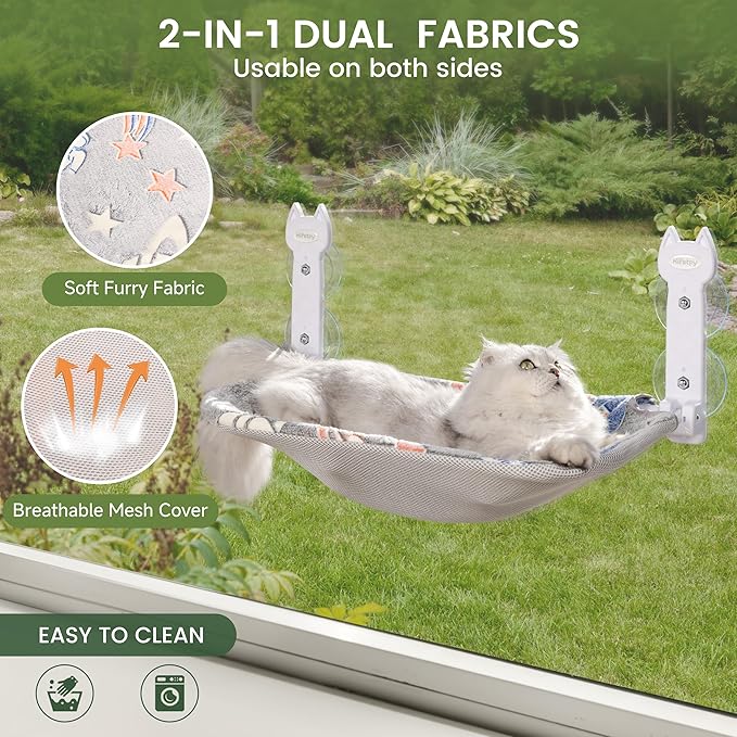 Cat Window Perch, Glow in The Dark Foldable Cat Hammock with Sunken Design & Removable Soft Cover, Breathable Cordless Window Bed for Resting Indoor Kitten (Grey, 1 Pack)