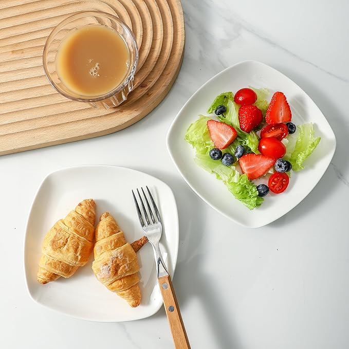 8 Pack Ceramic Appetizer & Dessert Plates, 7 inch White Square Dinner/Salad Plates for Snacks, Side Dishes, Casual Hosting, Dishwasher & Microwave Safe