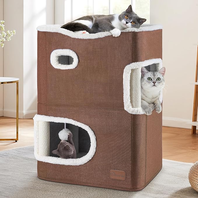 YITAHOME 2-Tier Cat House, Indoor Cat Cave Bed Playhouse, Flannel & Cool Mat, Covered Cat Beds with Scratch Pad and Hideaway Cave, Cute Modern Cat Condo Furniture for Multi Small Cats, Brown