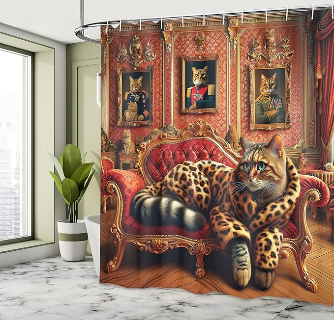Ambesonne Cat Shower Curtain, Royal Kitty in Leopard Coat Laying on Lounge Sofa Whimsical Humorous Animal Art, Cloth Fabric Bathroom Decor Set with Hooks, 69" W x 84" L, Marigold Salmon