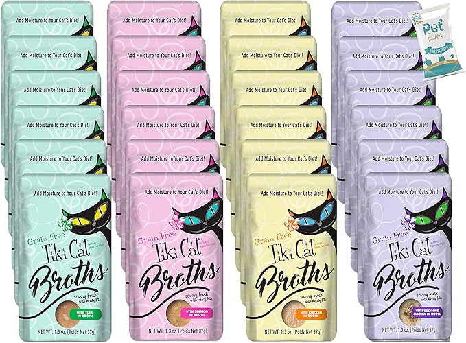 (2 Boxes) Tiki Cat Savory Broth, Grain Free Lickable Wet Food Treat, Add Moisture & Boost Flavor, 24 Pouches with 10ct pet Wipes