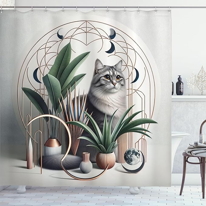 Ambesonne Cat Shower Curtain, Kitty in a Noble Pose with Boho Ornaments Home Plants and Mandala Crescent, Cloth Fabric Bathroom Decor Set with Hooks, 69" W x 70" L, Grey Green Pale Rust