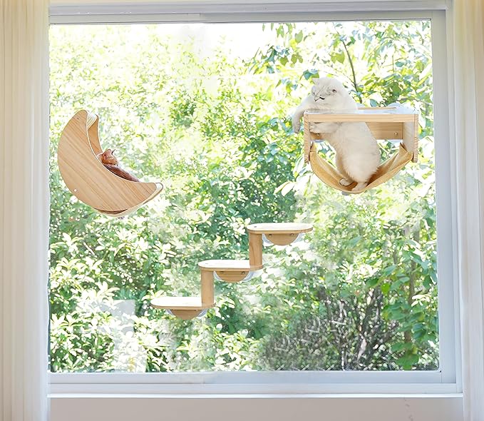 HAPYKITYS Window Cat Beds for Indoor Cats Perches Moon Shelves Mounted with Strong Suction Cups Cat Window Seat for Sleep and Watch Birds