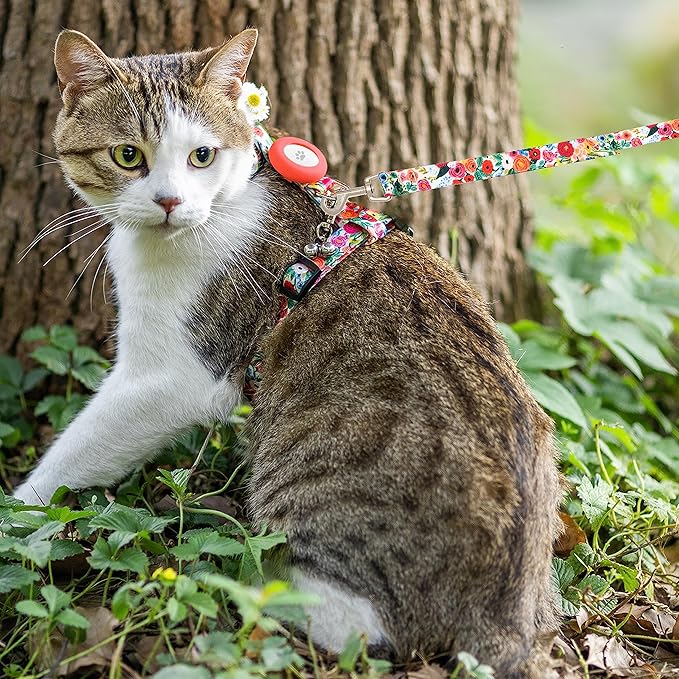 Cat Harness and Leash Escape Proof for Walking Travel Outdoor - Cute Floral Nylon Adjustable Cute Cat Harness Leash Set with Airtag Holder for Small Large Cats
