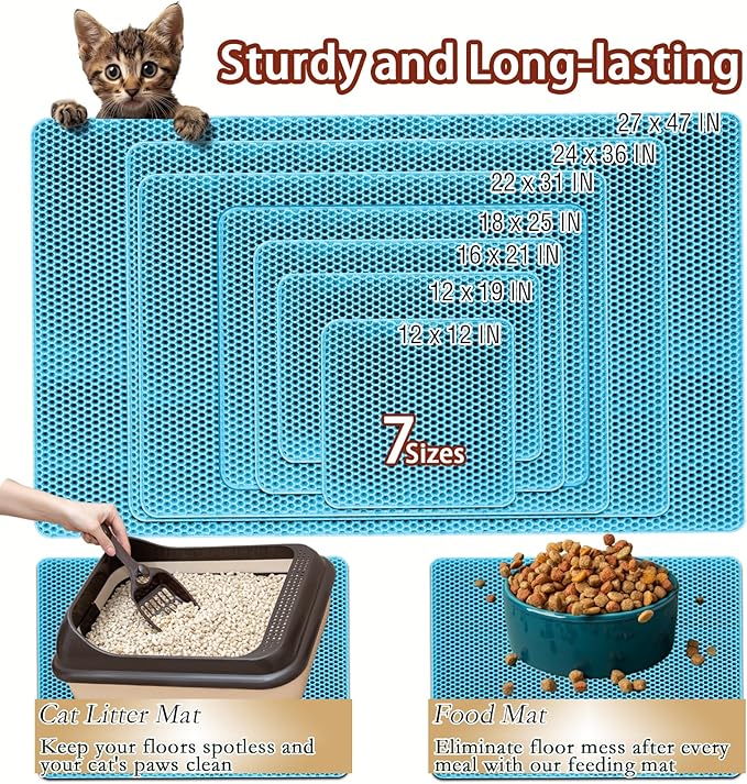 2025 𝗡𝗘𝗪 Waterproof Cat Litter Mat | Double Layer EVA, Odor-Free Large Grid | Urine Proof & Easy Cleanup | Soft on Paws | Versatile Design for Litter and Feeding (Blue, 22×31)