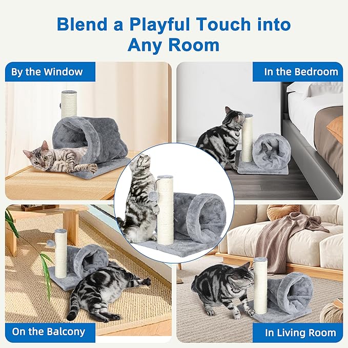 Cat Tree with Cat Play Tunnel, 11.8 in Cat Scratching Post with Scratching Board,Cat Scratch Pad with Toy Ball for Indoor Cats,Protect Furniture