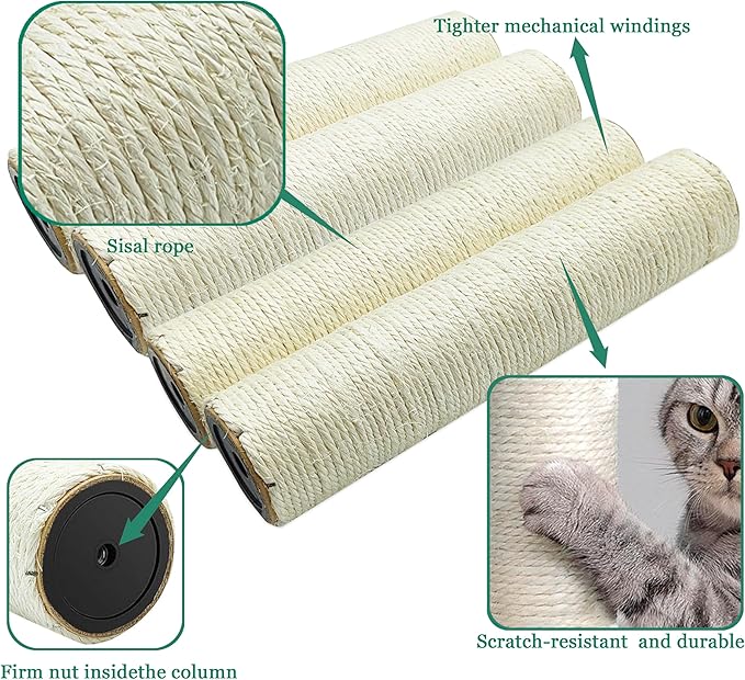 Cat Scratching Post Replacement Pole，4 PCS 11.81in Cat Tree Replacement Post，Natural Sisal Cat Tree Replacement Parts with M8 Screws，Cat Scratch Post Replacement for Refurbishment