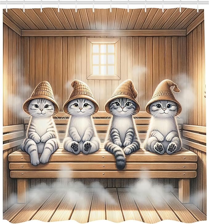 Ambesonne Cat Shower Curtain, Whimsical Scene with Happy Kittens with Funny Wizard Hats in Sauna, Cloth Fabric Bathroom Decor Set with Hooks, 69" W x 84" L, Pastel Brown and Pale Grey