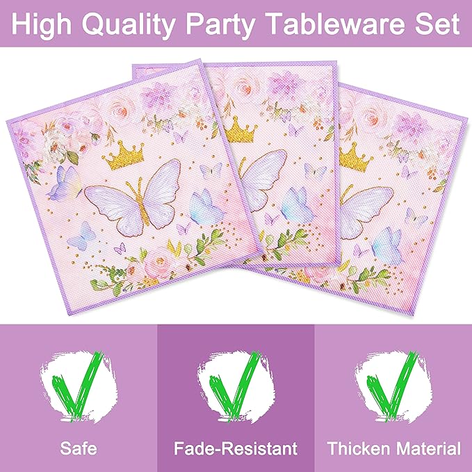 96 Pcs Butterfly Birthday Party Plates Napkins Forks Supplies Tableware Set Disposable Table Butterfly Theme Decoration for Girl Birthday Party or Baby Shower, Serves 24 Guests