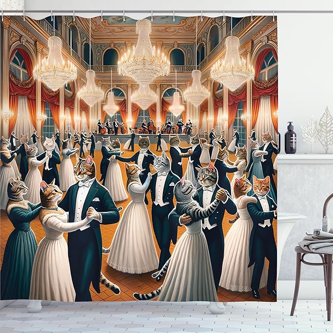 Ambesonne Cat Shower Curtain, Classic Ballroom with Waltz Dancing Kitty Couples in Formal Clothes Print, Cloth Fabric Bathroom Decor Set with Hooks, 69" W x 84" L, Petrol Blue and Orange