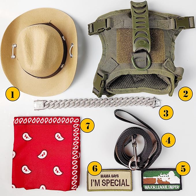 Tactical Cat Harness and Leash for Walking Escape Proof, Adjustable Cat Vest Harness Easy Control with Pet Cowboy Costume for Cat, Puppy and Small Dog (Army Green and Black)