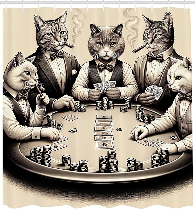 Ambesonne Cat Shower Curtain, Vintage Gentleman Kitties Playing Poker Monochrome Effect Gambling Table Print, Cloth Fabric Bathroom Decor Set with Hooks, 69" W x 70" L, Ivory Dark Taupe