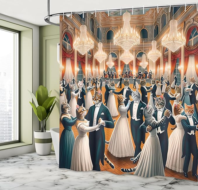 Ambesonne Cat Shower Curtain, Classic Ballroom with Waltz Dancing Kitty Couples in Formal Clothes Print, Cloth Fabric Bathroom Decor Set with Hooks, 69" W x 70" L, Petrol Blue and Orange
