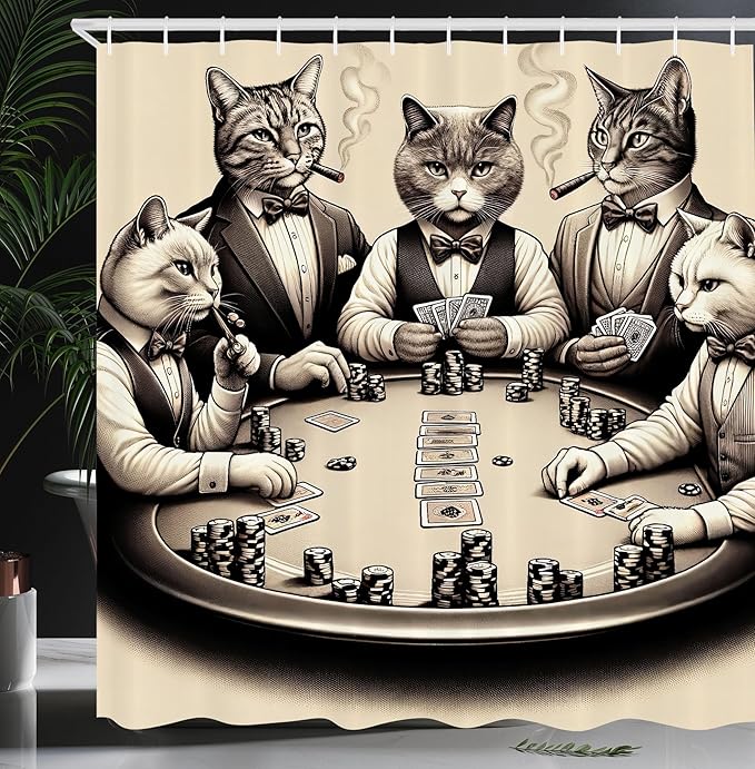 Ambesonne Cat Shower Curtain, Vintage Gentleman Kitties Playing Poker Monochrome Effect Gambling Table Print, Cloth Fabric Bathroom Decor Set with Hooks, 69" W x 84" L, Ivory Dark Taupe