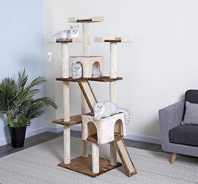 Go Pet Club Everyday Value 71in Cat Tree Kitty Tower Kitten with Dual Condos and Double Scratching Boards Indoor Cat Activity Center Furniture, Beige/Brown