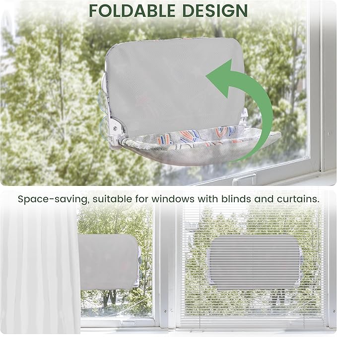 Cat Window Perch, Glow in The Dark Foldable Cat Hammock with Sunken Design & Removable Soft Cover, Breathable Cordless Window Bed for Resting Indoor Kitten (Grey, 1 Pack)