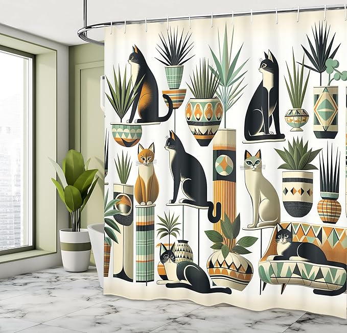 Ambesonne Cat Shower Curtain, Boho Ethnic Style Design with Kitties Sitting and Laying Poses Botanical, Cloth Fabric Bathroom Decor Set with Hooks, 69" W x 70" L, Black Ginger Mint Green