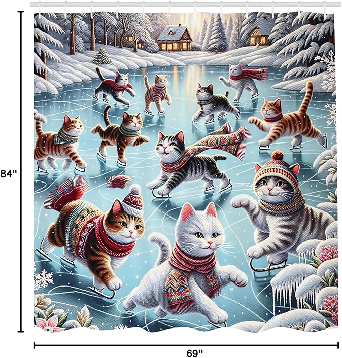Ambesonne Cat Shower Curtain, Cozy Winter Woodland Scene with Cottages and Ice Skating Kitties Snow Fun, Cloth Fabric Bathroom Decor Set with Hooks, 69" W x 84" L, Soft Blue Burnt Orange