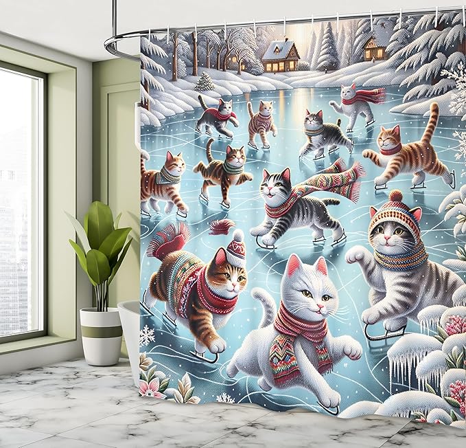 Ambesonne Cat Shower Curtain, Cozy Winter Woodland Scene with Cottages and Ice Skating Kitties Snow Fun, Cloth Fabric Bathroom Decor Set with Hooks, 69" W x 84" L, Soft Blue Burnt Orange