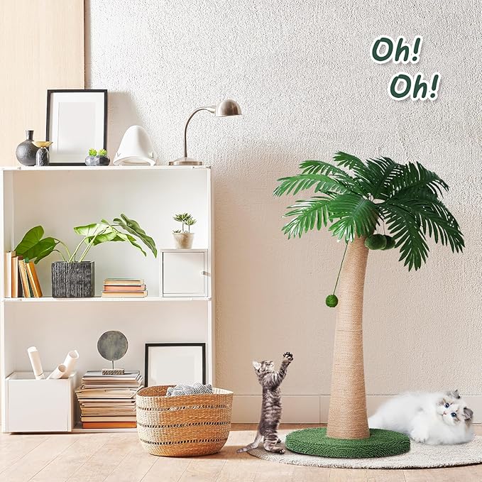 43 Inches Cat Scratching Post, Large Cat Scratching Post, Sisal Scratcher with 3 Hanging Pompoms for Indoor Cats (Tall Round Base)