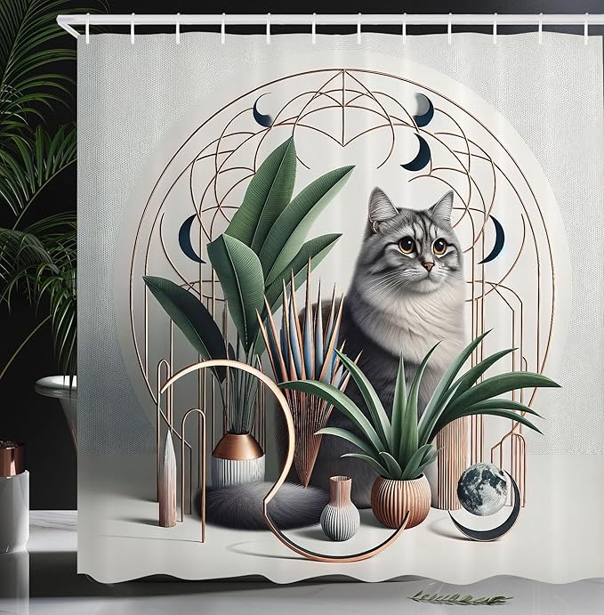 Ambesonne Cat Shower Curtain, Kitty in a Noble Pose with Boho Ornaments Home Plants and Mandala Crescent, Cloth Fabric Bathroom Decor Set with Hooks, 69" W x 70" L, Grey Green Pale Rust