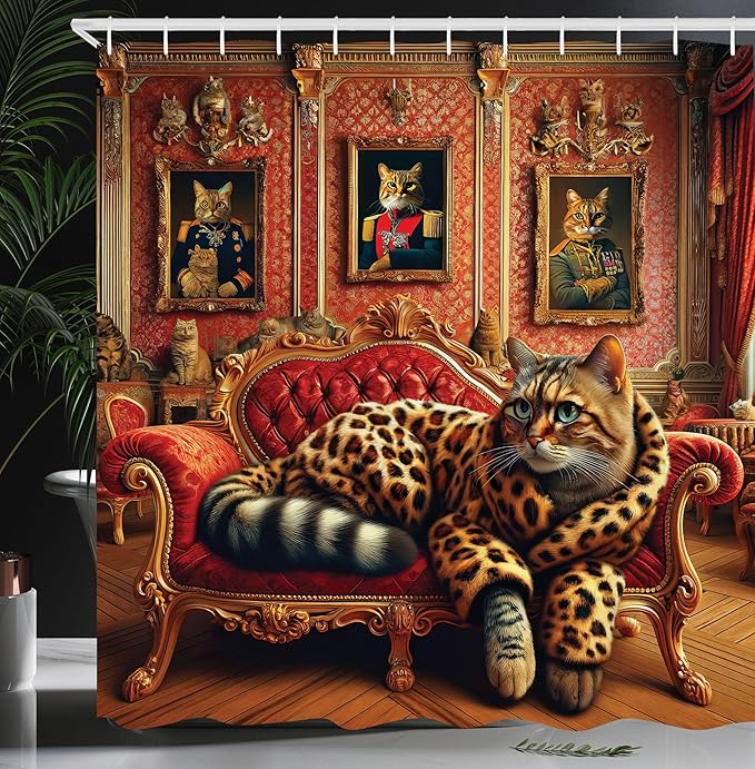 Ambesonne Cat Shower Curtain, Royal Kitty in Leopard Coat Laying on Lounge Sofa Whimsical Humorous Animal Art, Cloth Fabric Bathroom Decor Set with Hooks, 69" W x 70" L, Marigold Salmon