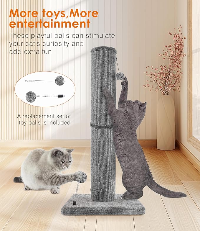 Carpet Craft Cat Scratching Post Heavy Duty for Indoor Large Cats and Adult Cats,Tall and Thicked Carpet Cat Scratcher Furniture Protector Cat Tree Tower with Interactivity Balls,Grey