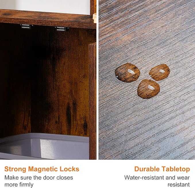 Heybly Cat Tree, Wood Litter Box Enclosure with Food Station, All-in-one Indoor Cat Furniture with Large Platform and Condo, Modern Style Cat Tower, Hammock, Rustic Brown HCT102SR