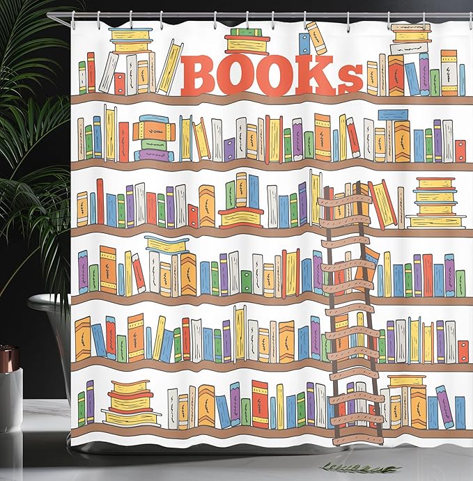 Ambesonne Modern Shower Curtain, Library Bookshelf a Ladder Campus Life Caricature Illustration, Cloth Fabric Bathroom Decor Set with Hooks, 69" W x 84" L, White Coral Multicolor