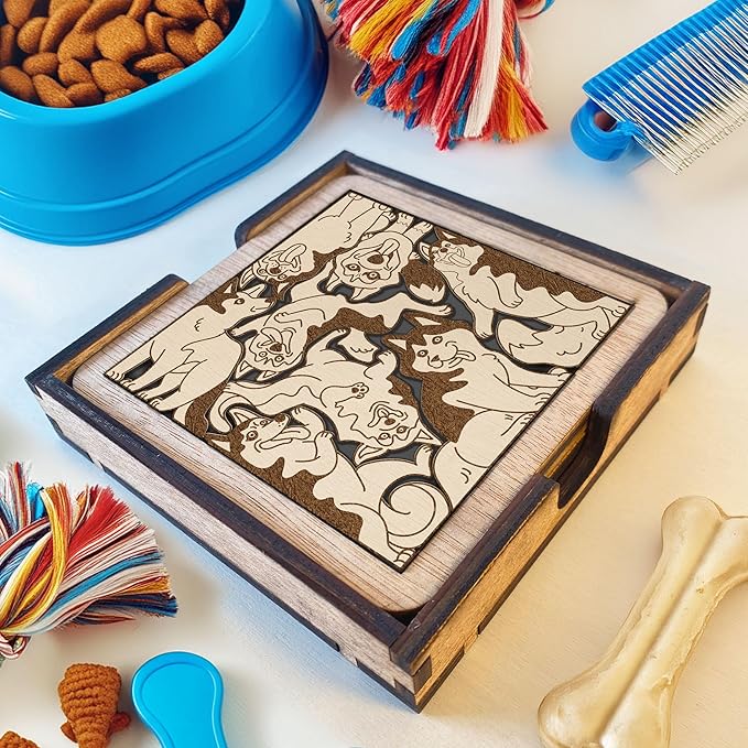 02 Siberian Husky Dog Coaster - Husky Dog Puzzle Wooden Coaster Set - Interlocking Jigsaw Drink Mats with Laser-Cut Design for Husky Lovers