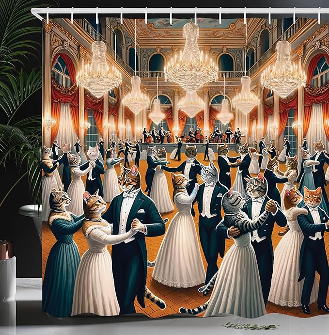 Ambesonne Cat Shower Curtain, Classic Ballroom with Waltz Dancing Kitty Couples in Formal Clothes Print, Cloth Fabric Bathroom Decor Set with Hooks, 69" W x 75" L, Petrol Blue and Orange