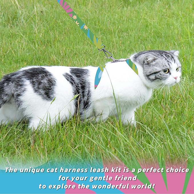 Cat Harness and Leash Set, Adjustable Kitten Harness Escape Proof Cats Harness, Soft Lightweight Walking Travel Pet Harness, Cute Kitty Harness Leash Set for Small Medium Cats, Hawaii Green
