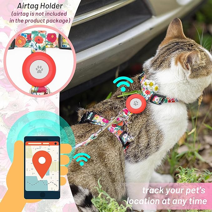 Cat Harness and Leash Escape Proof for Walking Travel Outdoor - Cute Floral Nylon Adjustable Cute Cat Harness Leash Set with Airtag Holder for Small Large Cats