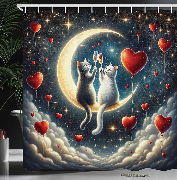Ambesonne Cat Shower Curtain, Toasting Champagne Kitties Romantic Date Crescent Clouds Heart Balloons, Cloth Fabric Bathroom Decor Set with Hooks, 69" W x 70" L, Dark Night Blue Vermilion