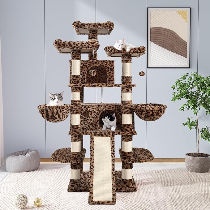 Allewie 68 Inches Cat Tree/Cat Tree House and Towers for Large Cat/Cat Climbing Tree with Cat Condo/Cat Tree Scratching Post/Multi-Level Large Cat Tree/Leopard Print