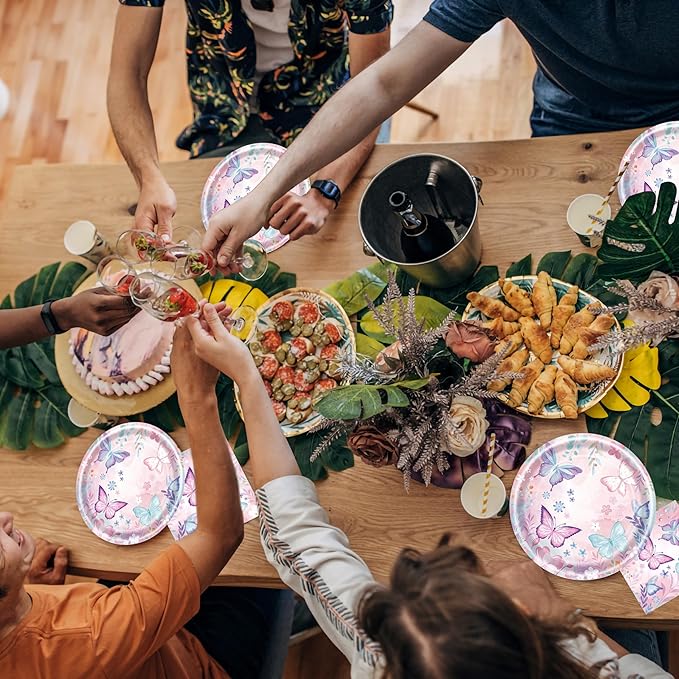 96 Pcs Butterfly Birthday Party Plates Napkins Forks Decorations Tableware Set Supplies Disposable Paper Flower and Butterfly Favors, Serves 24 Guests