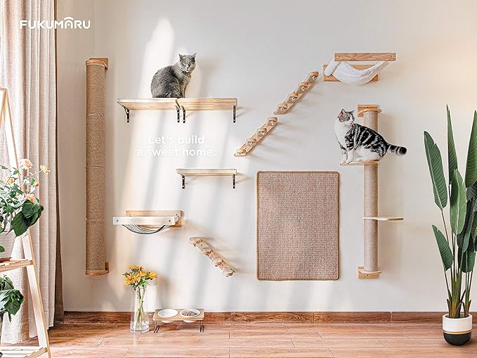 FUKUMARU Cat Climbing Shelf Wall Mounted, Four Step Cat Stairway with Jute Scratching for Cats Perch Platform Supplies