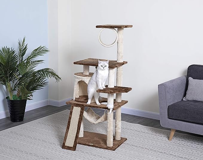 Go Pet Club Everyday Value 53in Cat Tree Kitty Tower Kitten Scratcher Condo House Furniture with Hammock and Tunnel Indoor Cat Activity Center, Beige/Brown