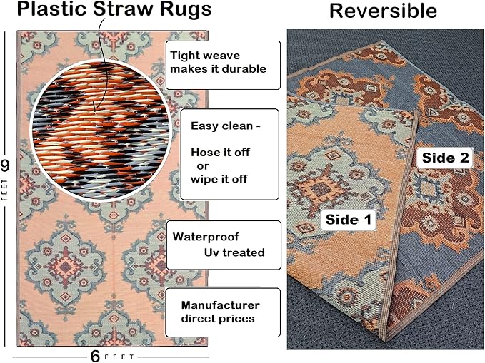 BalajeesUSA Outdoor Rugs – 6x9, Orange, Yellow, Grey, Patio Durable and Affordable, Multipurpose, Woven Plastic Straw, All-Weather and Waterproof Rug, Reversible Camper mats, Recycled