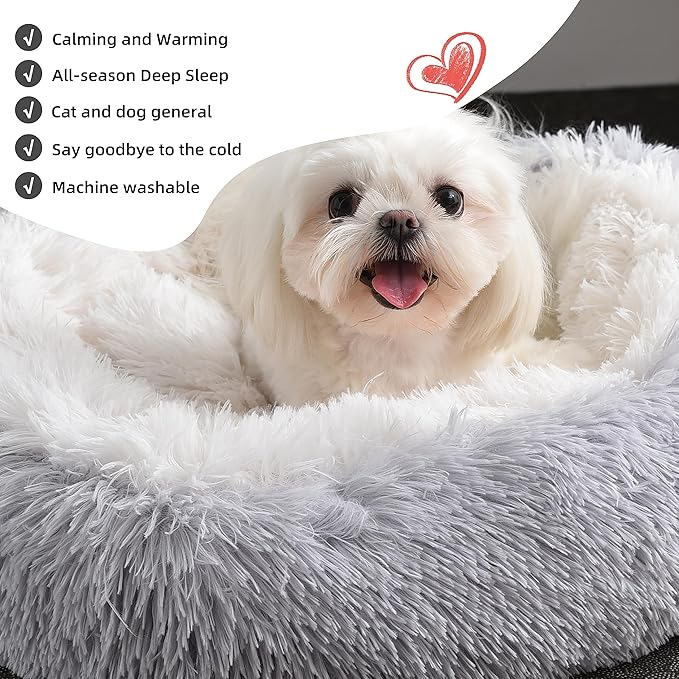 Something Different Calming Dog & Cat Bed, Anti-Anxiety Donut Cuddler Warming Cozy Soft Round Bed, Fluffy Faux Fur Plush Cushion Bed for Small Medium Dogs and Cats,24”,Grey