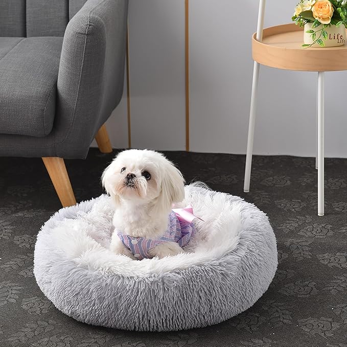 Something Different Calming Dog & Cat Bed, Anti-Anxiety Donut Cuddler Warming Cozy Soft Round Bed, Fluffy Faux Fur Plush Cushion Bed for Small Medium Dogs and Cats,24”,Grey