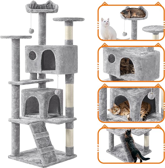 Yaheetech 62in Cat Tree Cat Tower for Indoor Cats, Cat Furniture w/Double Cat Condo, Scratching Posts, Multiple Platforms and Balls for Kittens & Cats, Light Gray
