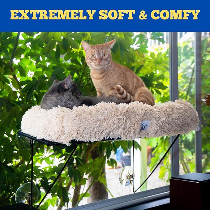 HIPCAT Cat Window Perch with Free Cat Toy - Cat Bed - Comfy Cat Hammock - Cat Shelf - Extra Strong Suction with Cordless Sturdy Metal Frame - Holds Medium & Large Cats - (Beige)