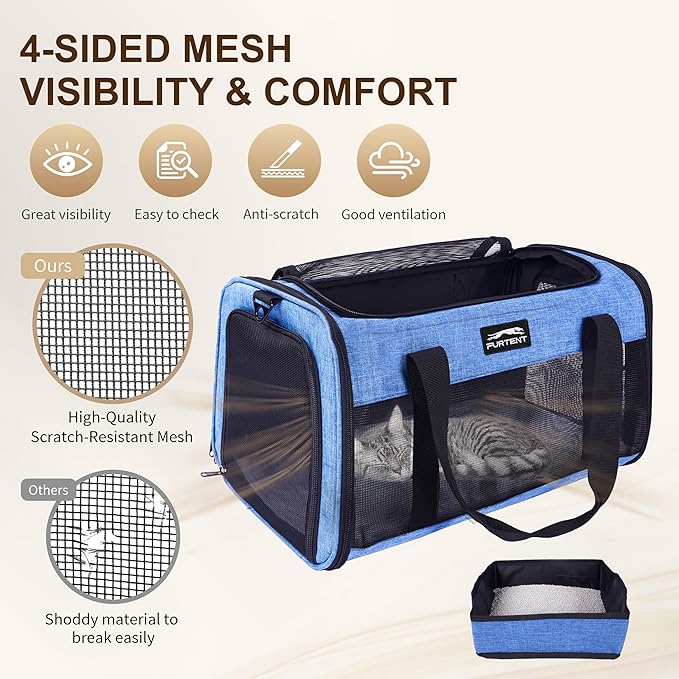 Airline Approved Pet Carrier for Cats and Small Dogs - Soft Sided, Foldable, Cat Dog Carrier Fits Pets Up to 18 lbs - Ideal for Travel, Car Rides, and Vet Visits - Dark Blue