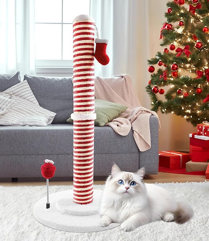 Christmas Cat Scratching Post,Christmas Cat Scratcher for Indoor Cats,Christmas Cat Tree Tower Activity Cat Play Center with Santa Danging Sock Toys and Gift Box