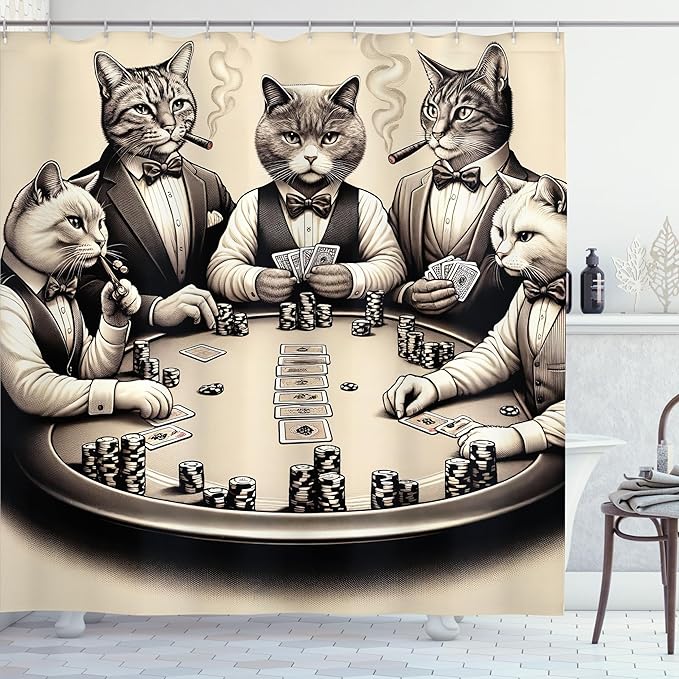 Ambesonne Cat Shower Curtain, Vintage Gentleman Kitties Playing Poker Monochrome Effect Gambling Table Print, Cloth Fabric Bathroom Decor Set with Hooks, 69" W x 70" L, Ivory Dark Taupe
