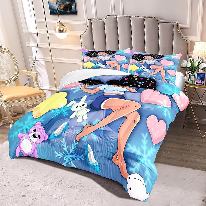 African American Black Comforter Set, Queen Bed Bedding Sets Cute Teenage Bedding Blue Girl with Love Prints Soft Microfiber 3 Piece Queen Size Quilt Set, 1 Comforter + 2 Pillowcases