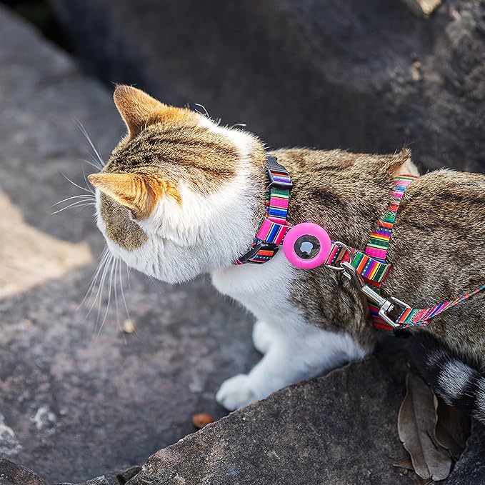 Cat Harness and Leash Escape Proof for Walking Travel Outdoor - Soft Nylon Adjustable Cute Cat Harness Leash Set with Airtag Holder for Small Medium Large Cats