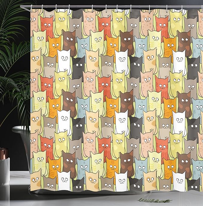 Ambesonne Cats Shower Curtain, Funny Colorful Graphic Kittens Cartoon Style Boys Girls Playroom, Cloth Fabric Bathroom Decor Set with Hooks, 69" W x 70" L, Pastel Pink Grey